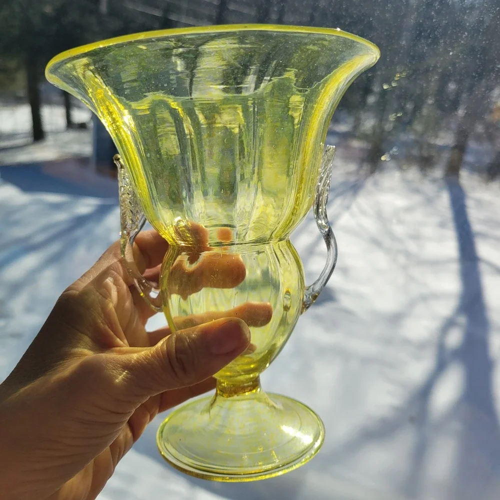 Vintage Yellow Blown Glass Trophy‎ Vase MCM Clear Leaf Handles 6.75in Art Glass